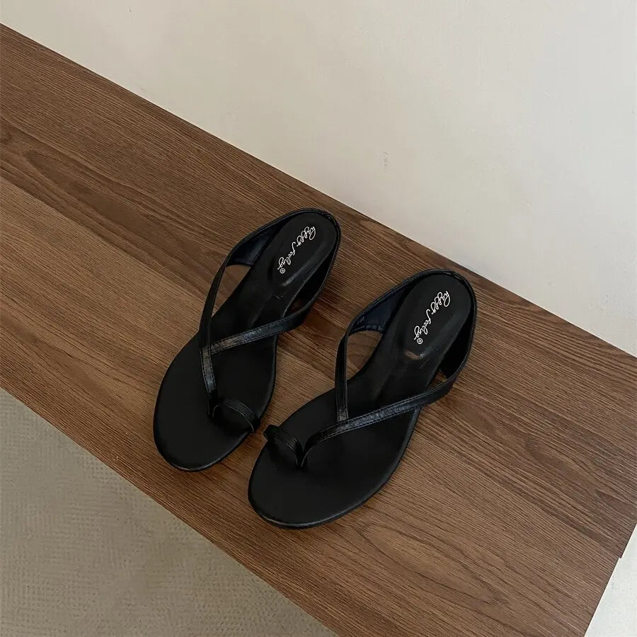 Square Low Heel Slipper Narrow Band Sandal Outdoor Beach Casual Slides Shoes Big Size 40