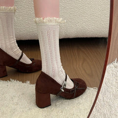 Thick Heel Mary Jane Shoes Rhinestone Buckle Strap Shoes Outdoor Elegant Dress Pumps