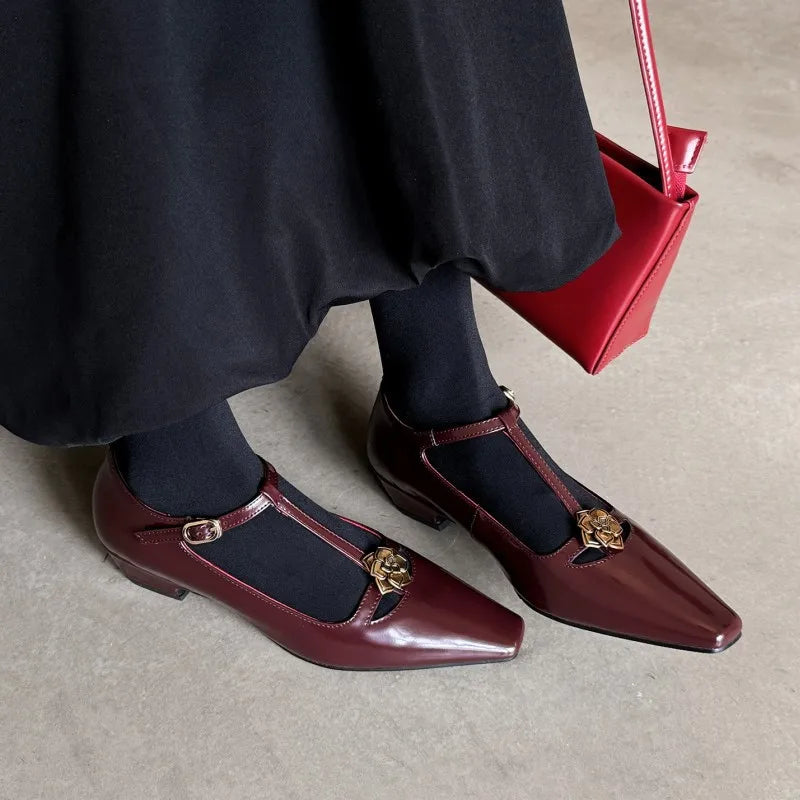 Retro Mary Jane Leather Buckle Thick Heel Square Toe Metal Flower Shoes 34-40