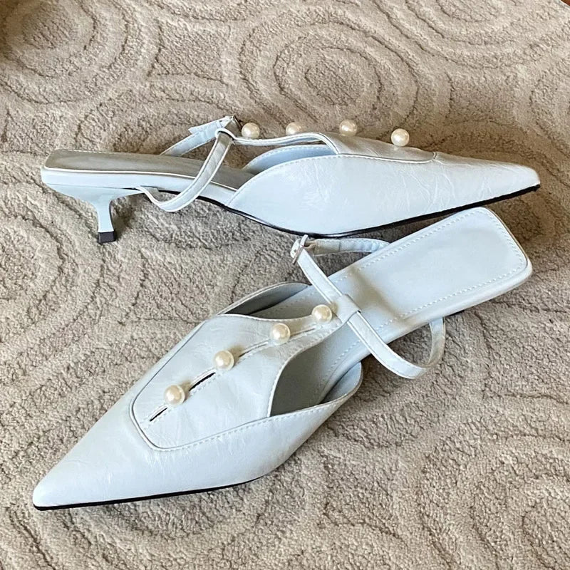Woman Pumps String Pearl Pointed Toe Thin Low Heels Shoes Elegant Buckle Strap Zapatos De Mujer