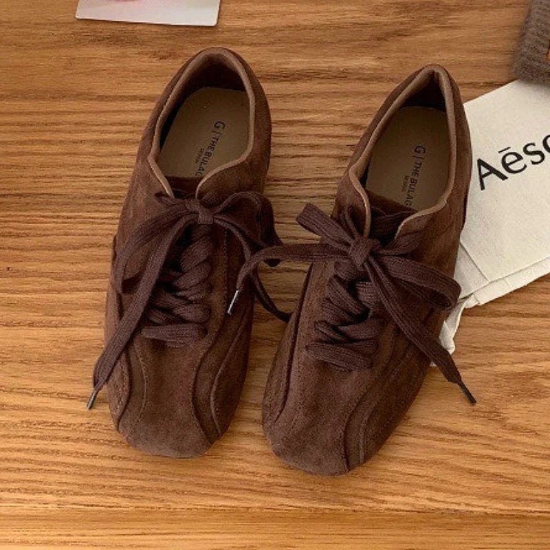 Suede Retro Lace Up Casual Flat Shoes Comfort Shallow Footwear Brown Brand Ballet Sneakers