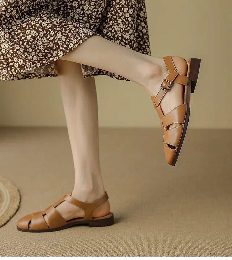 Sandals Low Thick Heel Genuine Leather Hook and Loop Back Strap Casual Sandals Solid Color Shoes
