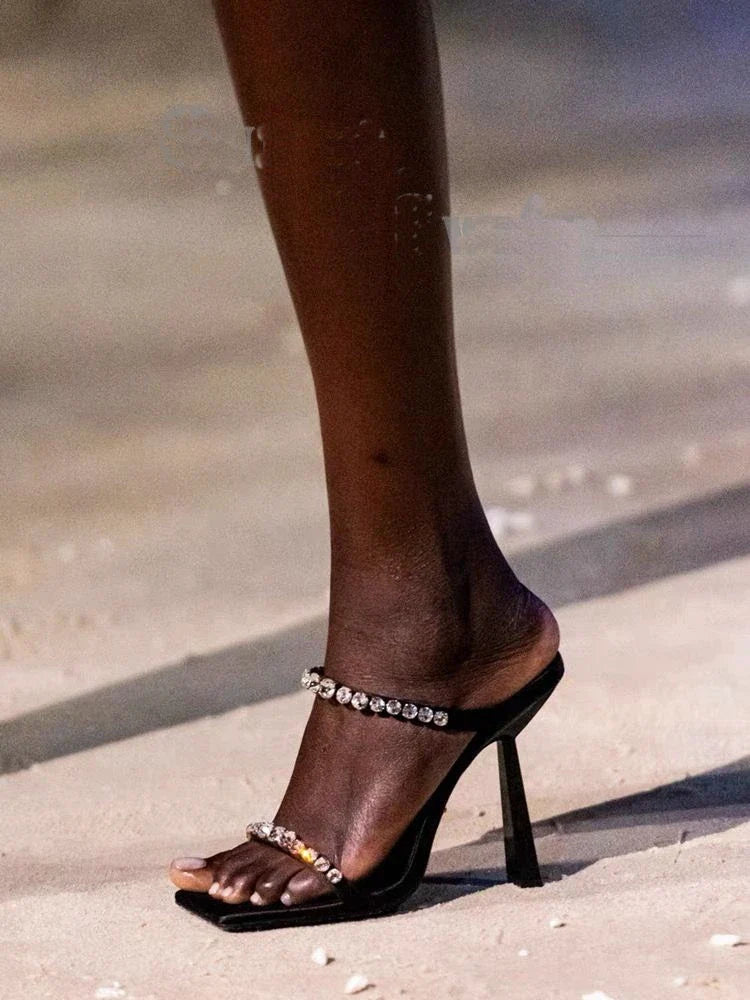 shiny Rhinestone Chain Slippers Satin One Line Band one line belt Square Head Slingback Thin High Heels Shoes