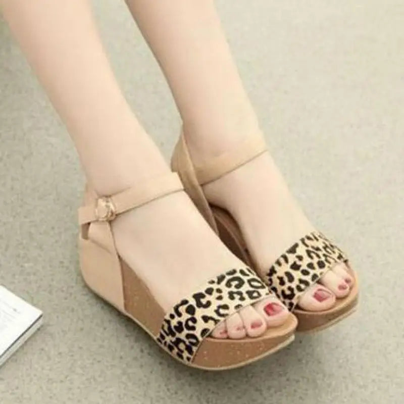 Genuine Horsehair High-heeled Thick-soled Leopard-print Roman Slope-heeled Sandals 32 33 Small Size Shoes