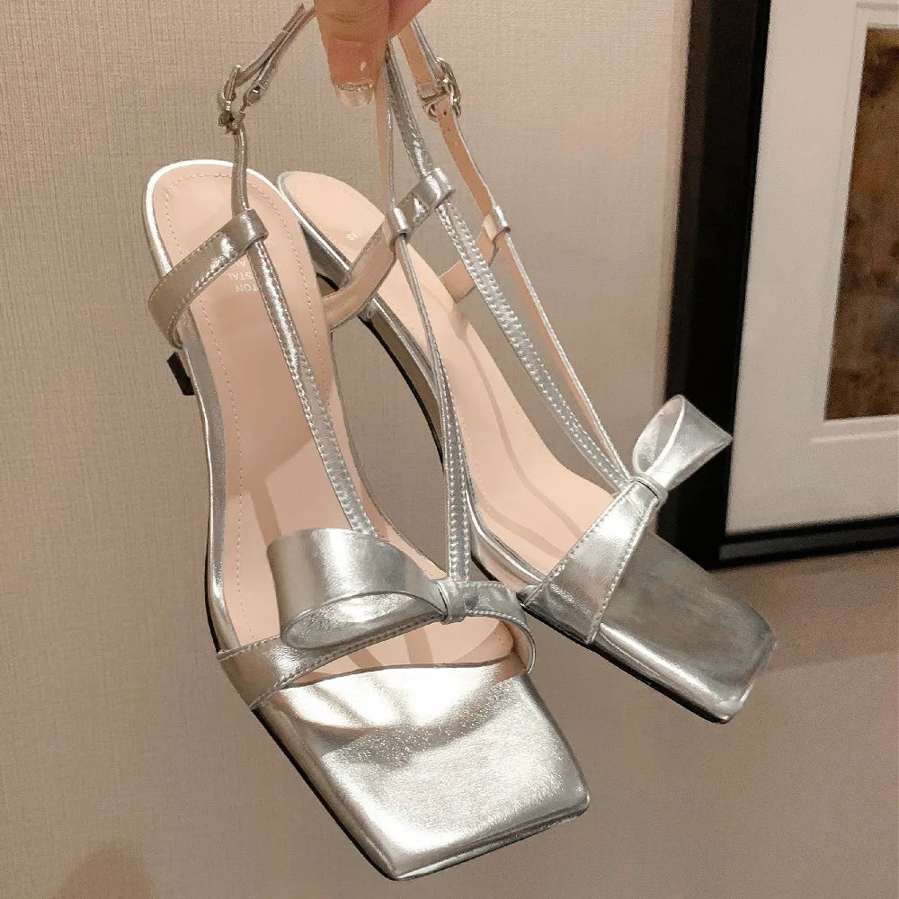 Patent Leather Narrow Band Thin High Heel Cross Strap Sweet Bowtie Sandals Elegant Pumps Shoes
