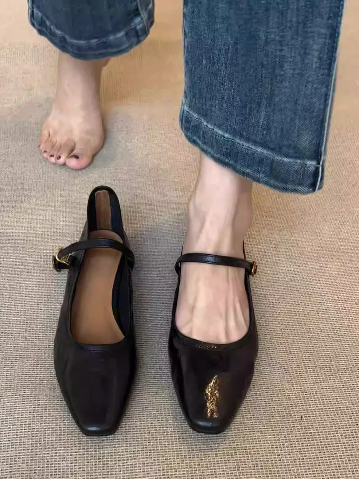 Mary Jane Shoes Retro Square Toe Flat Heel Strap Genuine Leather Soft Shallow Single Shoes