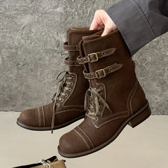 Design Narrow Band Lace-up Knee-High Boots Vintage Round Toe Square Low Heels Shoes