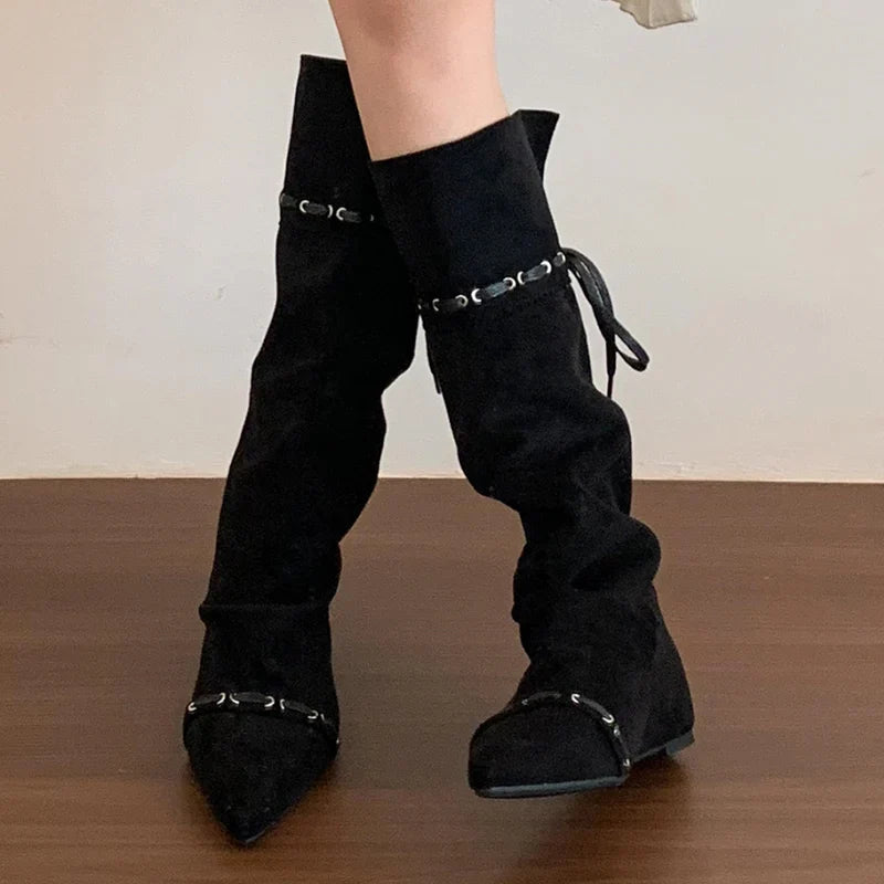 Knee High Boots Pointed Toe Flats Shoes Suede Chelsea Boots Walking Mujer Botas