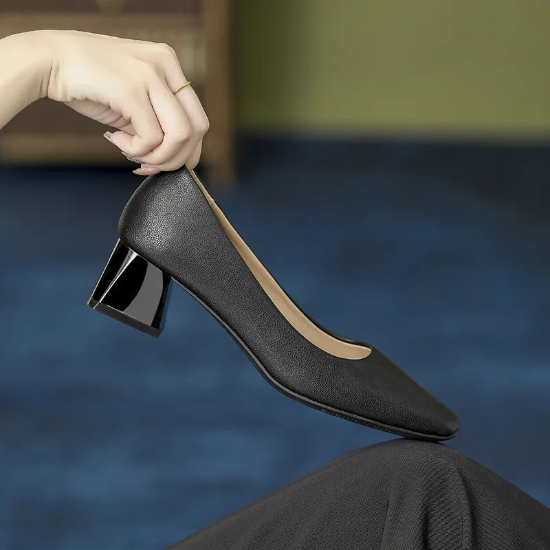 Solid Japanned Leather Pumps Woman Block High Heels Shoes OL Dress Work Escarpins Femmes Tacones Mujer