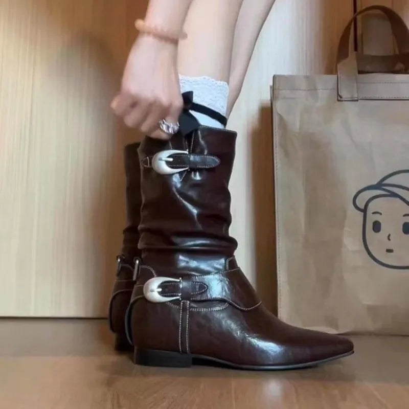 Round Toe Square Heel Elegant Mid-calf Boots Pin Buckle Decoration Solid Color Simple