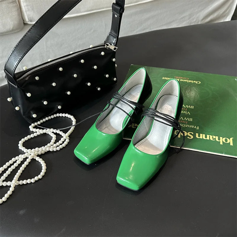Square-toed Mary Jane Shoes Mixed Colors Slingback Shoes Retro Ankle Straps High Heels Mary Jane