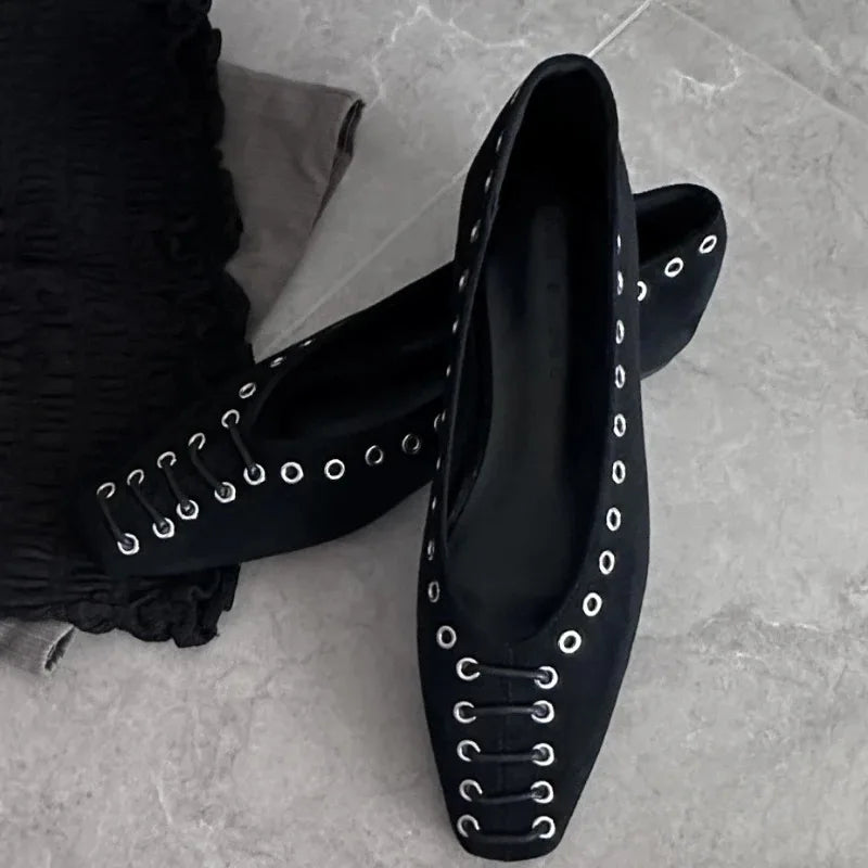 High Quality Faux Suede Flat Mary Jane Shoes Rivets Lace Up Brand Shoes Comfortable Soft Sole Office Shoe