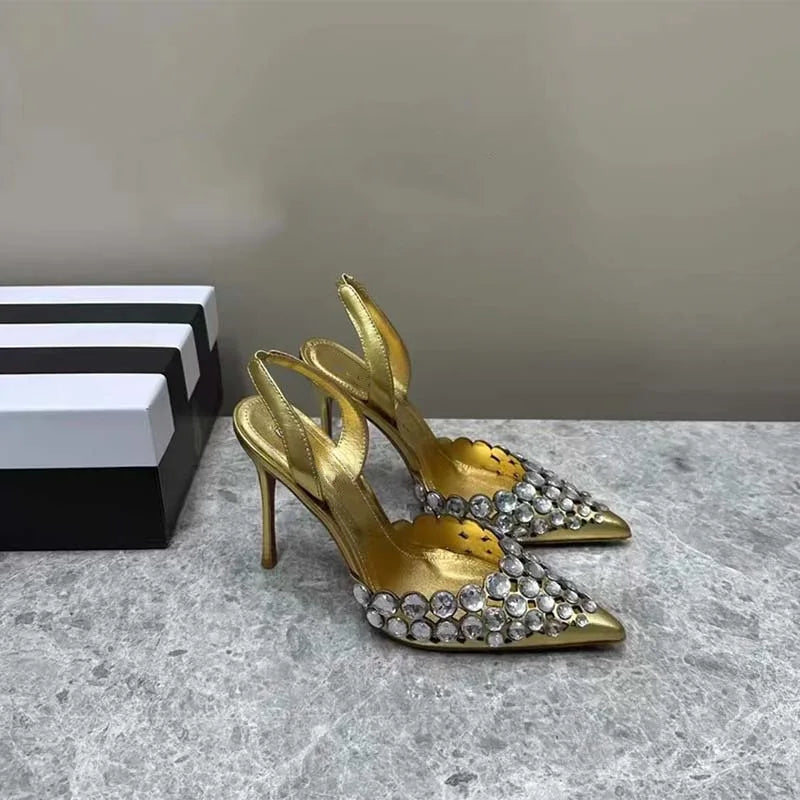Super Beautiful Rhinestone Shallow Stiletto Pointed Shoes Roman Cut-out High Heeled Sandals