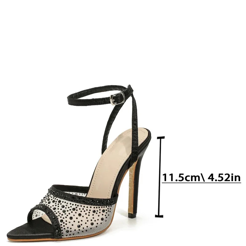 Street Style Crystal Mesh Pointed Toe Elegant Thin Heels Buckle Strap Slingbacks Shoes