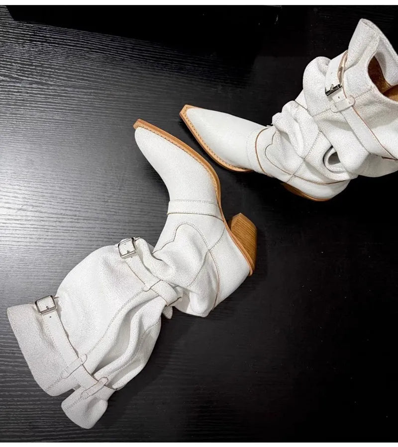 Vintage Pleated Belt Buckle Faux Suede Knee High Boots High heels Western Cowboy Knight Boots Shoes
