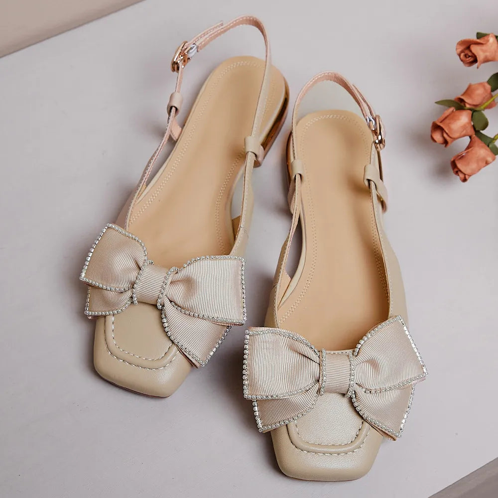 genuine leather slingback slip-on flats sandals square toe sweet bowtie korean style flats sandalias shoes