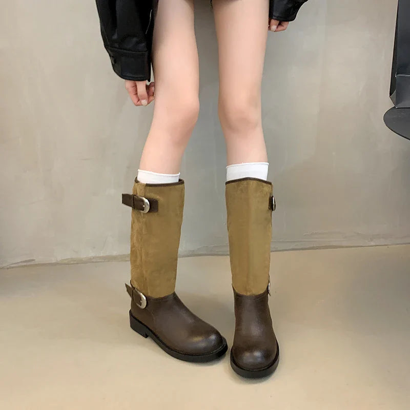 Belt Buckle Knight High Boots Thick Heel Shoes Vintage Slip On Slim Long Booties Zapatos De Muje