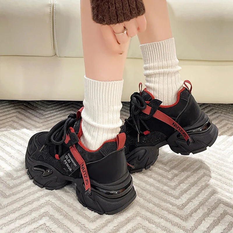 Crystal Chunky Sneakers Comfortable Lace Up Platform Dad Shoes Woman Breathable Mesh Running Sneakers