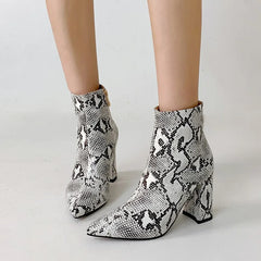 Snake Print Pu Leather Ankle Boots Zip Pointed Toe Footwear Block High Heels Boot Party Shoes 43