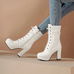 Ruffles Vintage Lolita Wedding Boots Chunky Block Square High Heels Lace Up Thick Platform Gothic Shoes Black White Pink