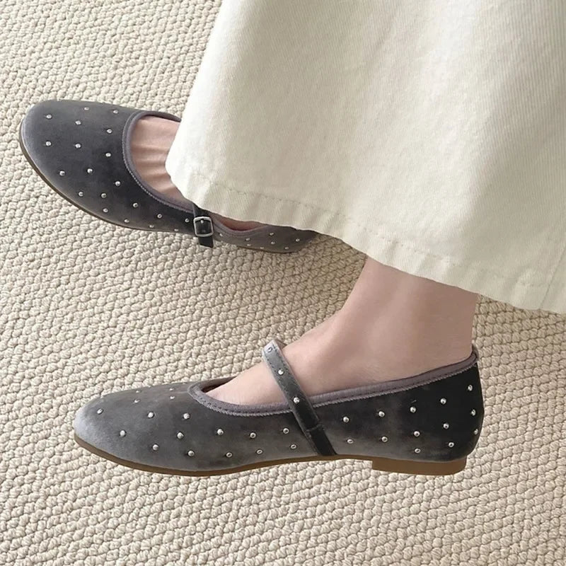 Cute Satin Velvet Rivet Decoration Flat Shoes Comfort Mary Jane Shoe Elegant Ballet Flats Loafers