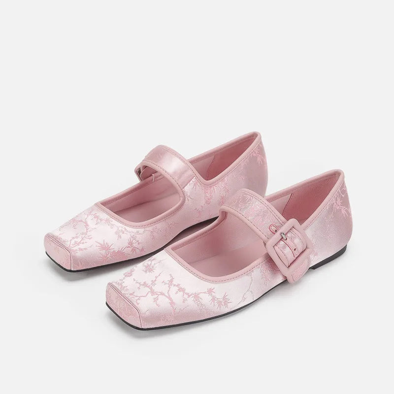 Silk Embroidery Ballerinas Woman Pig Toe Flats Shoes Belt Buckle Silky Mary Janes Wedding Brides Ballets Loafers