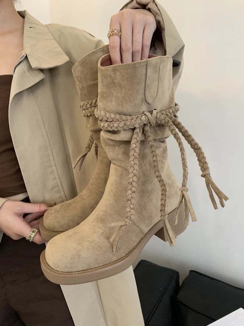Brown Suede Boots Woman Round Toe Chunky Heels Boots Fall Black Rocks Shoes Botas Western Cowboy Feminina