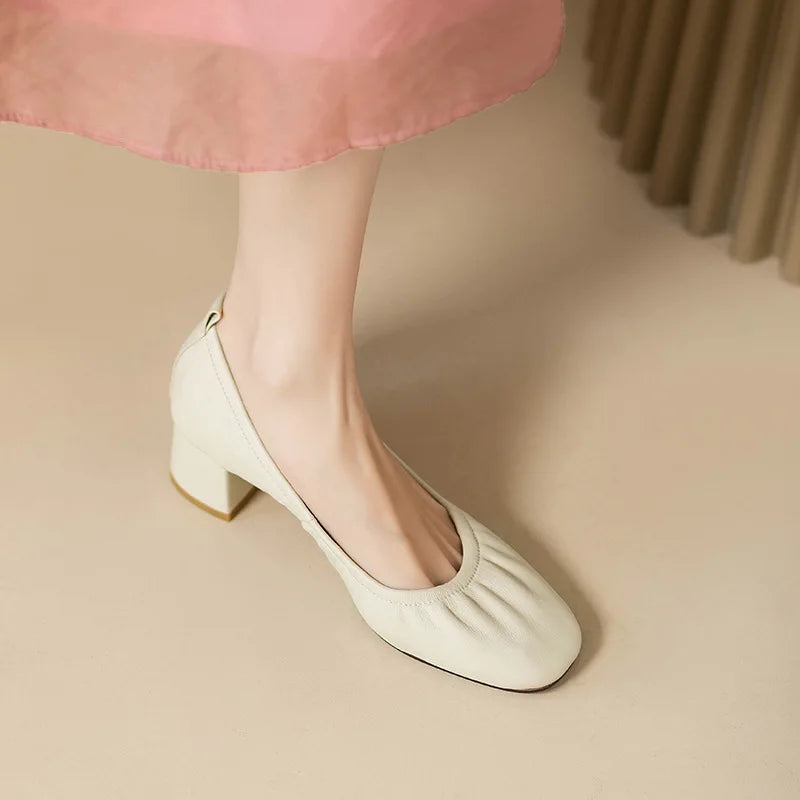Oxford Shoes Vintage Pumps Mid Heels Square Toe Pumps Slip on Sewing High Heels Boat Shoes Elegant