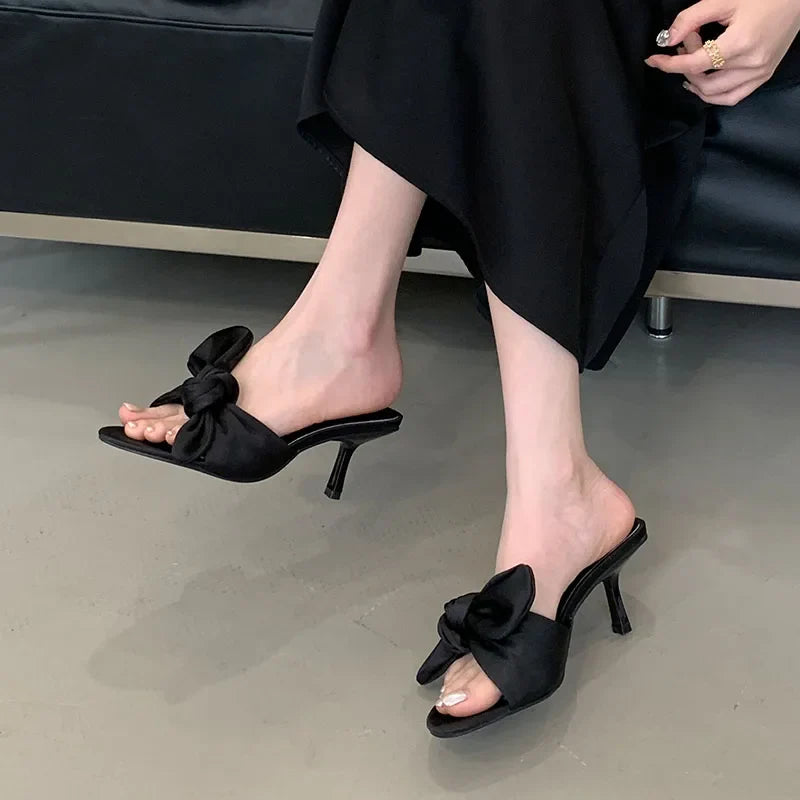 Round Toe High Heels Pumps Slides Shoes Butterfly-Knot Heeled Sandals Shoes