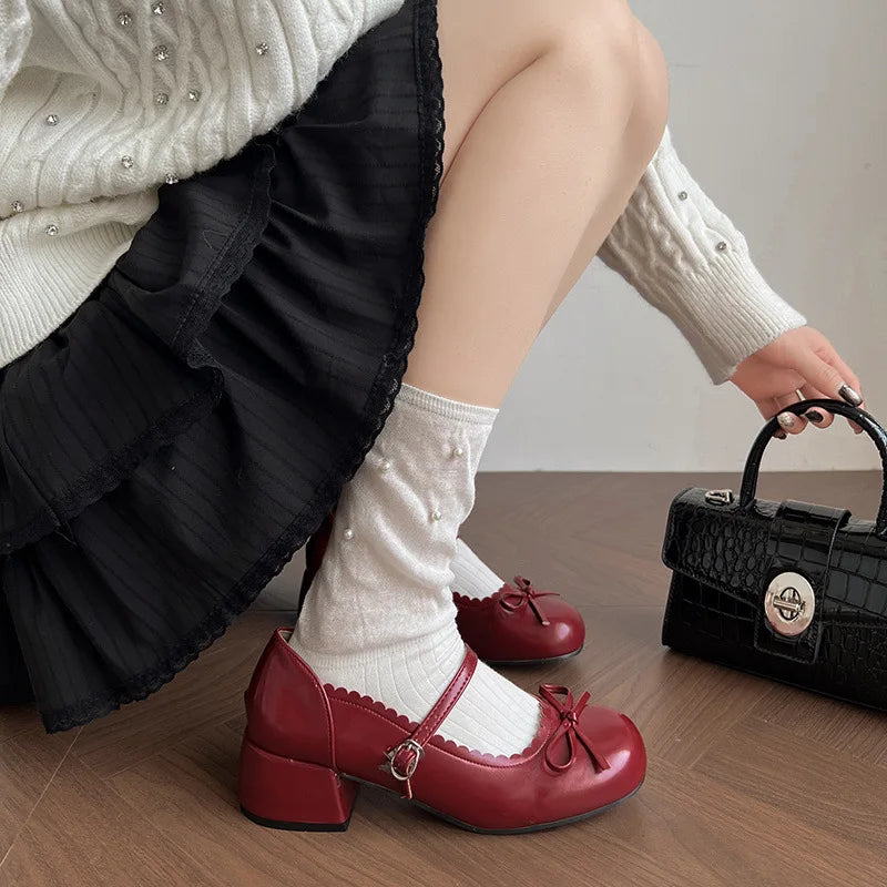 Cute Thick Heel Mary Jane Shoes Concise Outdoor Butterfly-knot Pumps 2026 Leather Single Shoes