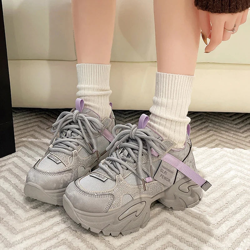 Crystal Chunky Sneakers Comfortable Lace Up Platform Dad Shoes Woman Breathable Mesh Running Sneakers