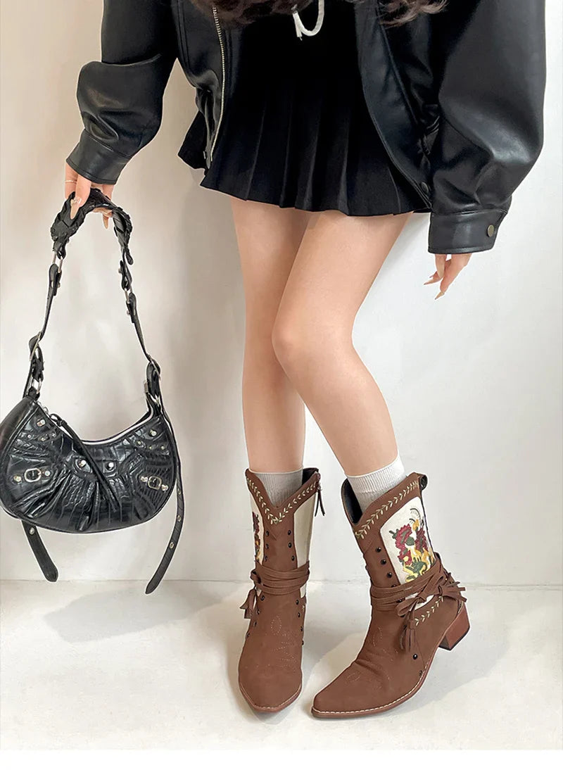 Vintage Ethnic Style Embroidery Woman Ankle Boots Shoes Elegant Thick Heel Western Cowboy Botas
