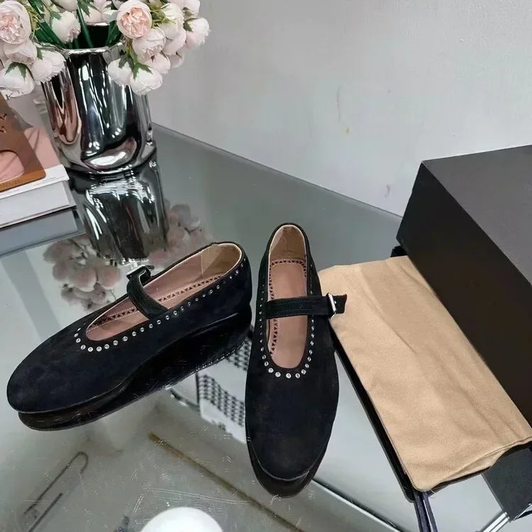 Casual Comfort Flat Mary Jane Single Shoes European and American Rivet Buckle Shoes Dance Shoes