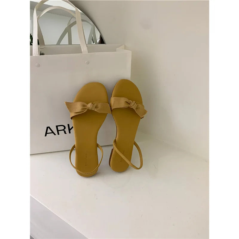 Flat Shoes Low Woman's Slippers Slides Butterfly-Knot Rome Butterfly-knot Rubber Retro Scandals PU H