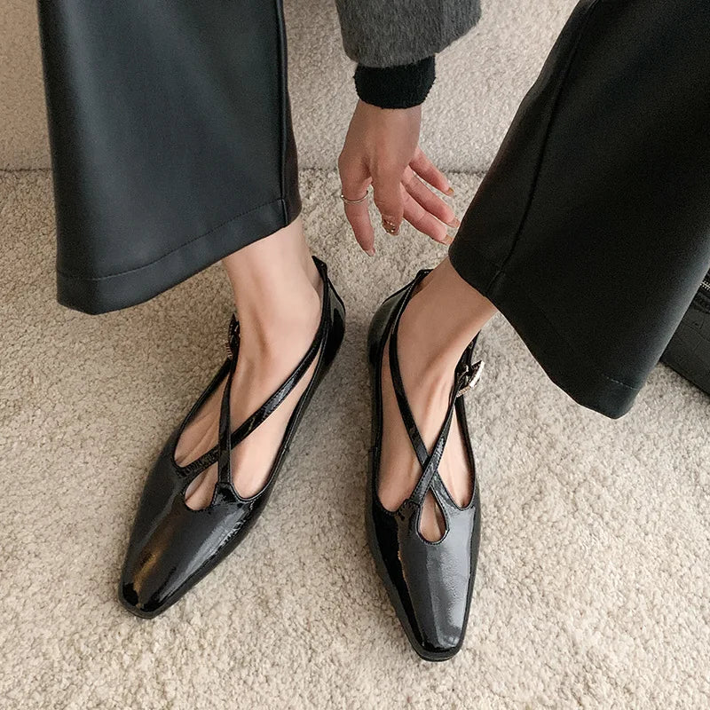 Retro Round Toe Cross Water Diamond With Casual Coarse Heel Mary Jane Shoes French Single Shoes