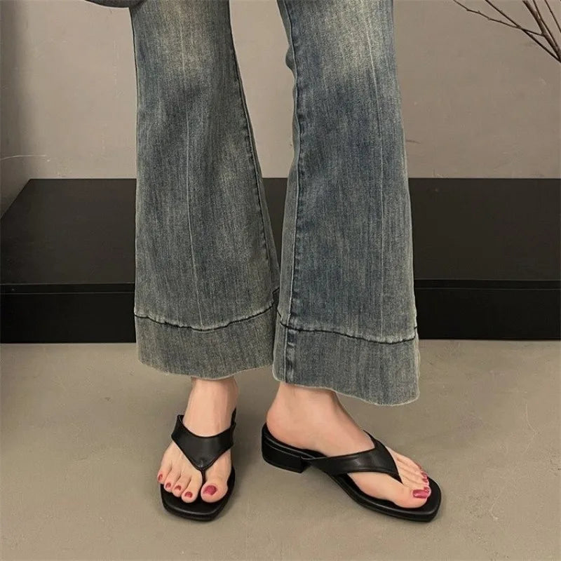 Thin Low Heels Slippers Round Clip Toe Beach Casual Sandals Flip Flops Shoes Zapatos De Mujer