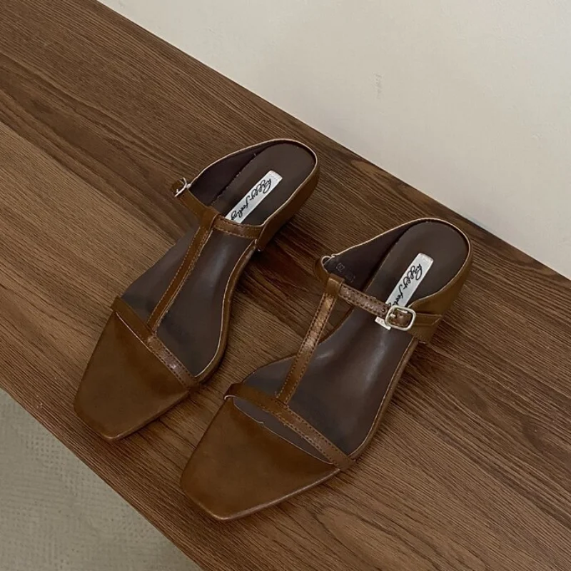 Slipper Square Heels Sandals Square Toe Party Wedding Shoes Slip On Beach Slides Mujer