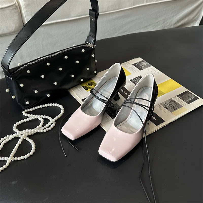 Square-toed Mary Jane Shoes Mixed Colors Slingback Shoes Retro Ankle Straps High Heels Mary Jane