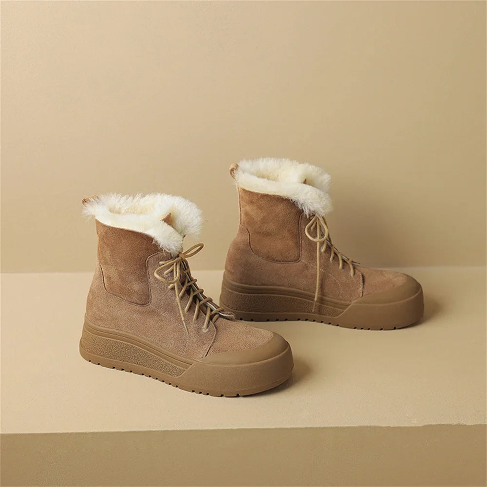 Wool Snow Boots Flats With Platforms Cross-tied Ankle Boots Round Toe Fur Short Warm Boots Shoes