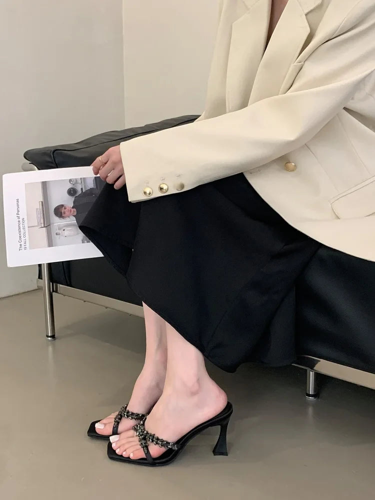 Street Style CRYSTAL Narrow Band Slippers Woman Open Toe Thin High Heels Sandals Stripper Party Slides Shoes