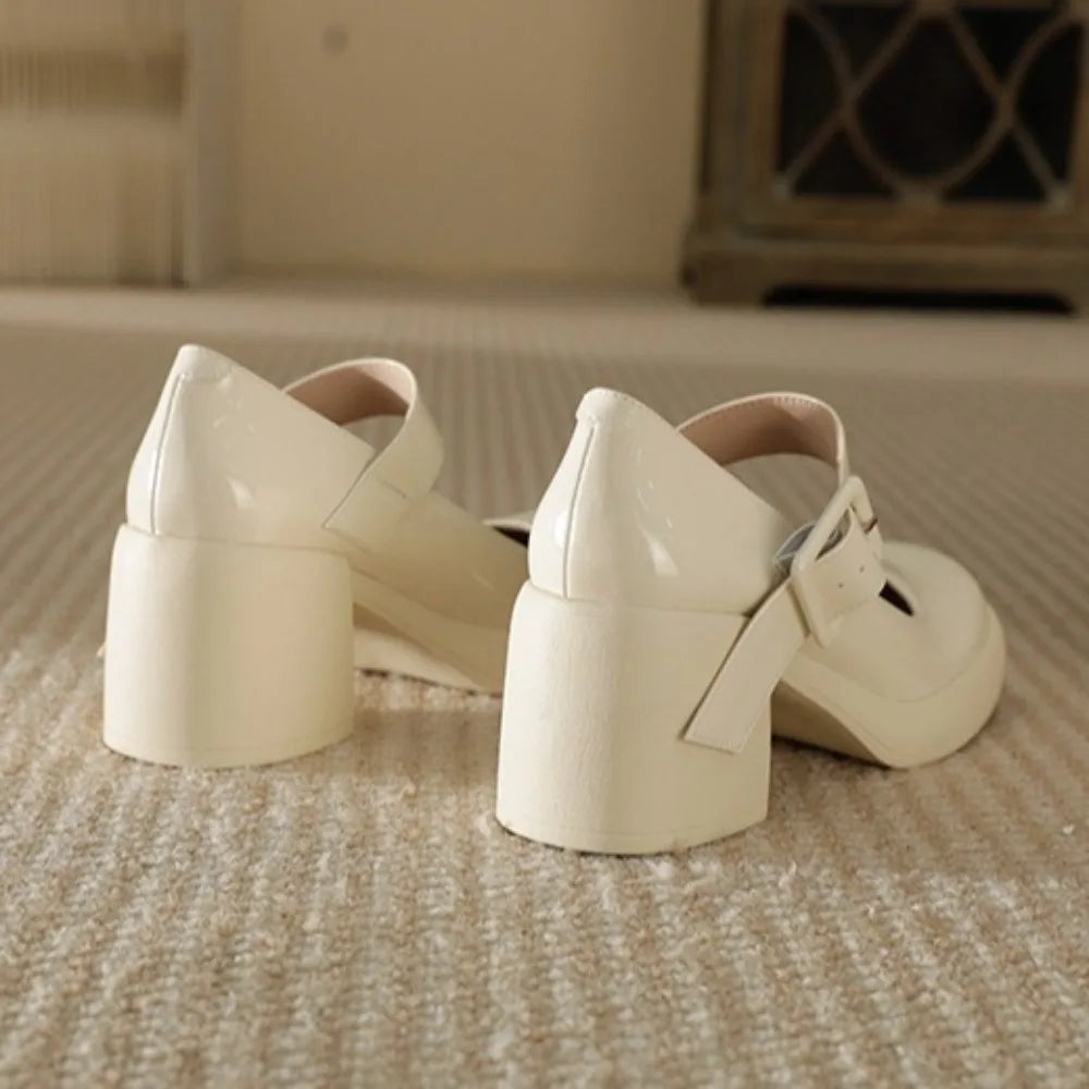 High Heels Word Belt Mary Jane Single Shoes Thick Heel Light Mouth Buckle High Heel Leather Shoes