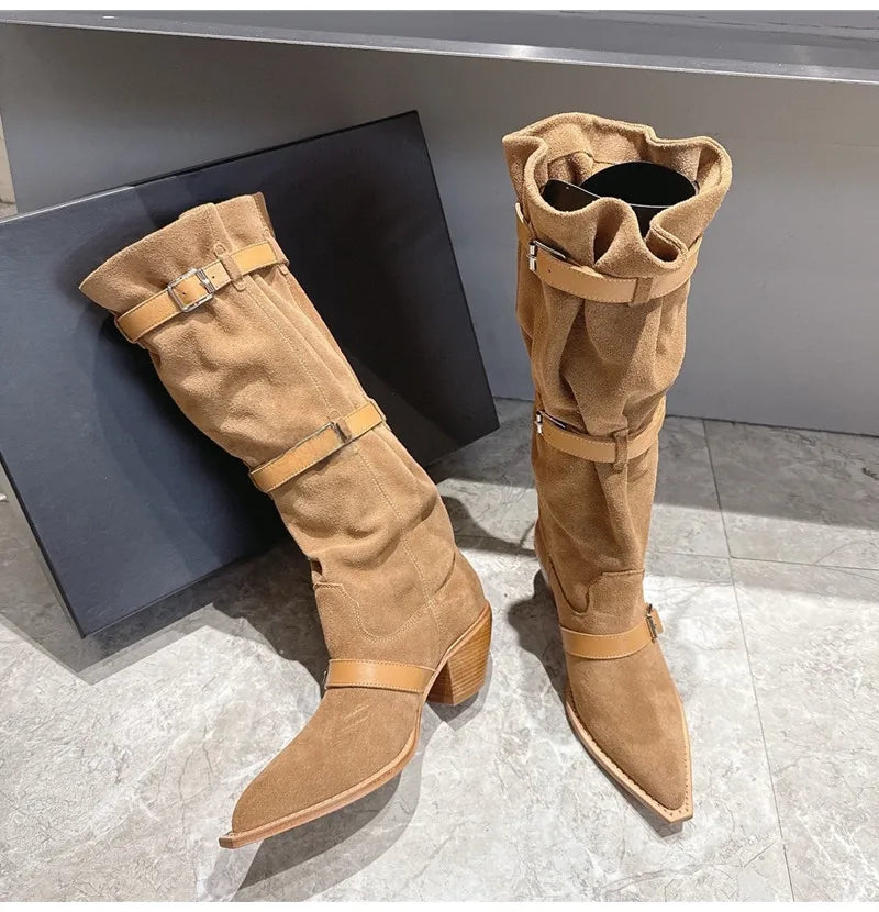Vintage Pleated Belt Buckle Faux Suede Knee High Boots High heels Western Cowboy Knight Boots Shoes