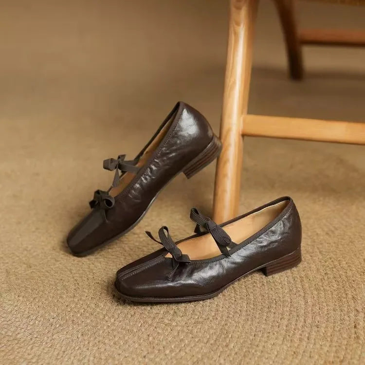 Genuine Leather Bow Decorated Ballet Shoes Mary Jane Style Flat Shoes Outdoor Casual Shallow Mouth Loafers Shoes Fashion