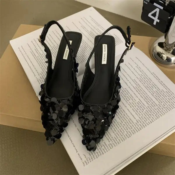 Low Sandals Woman Leather Shoes Closed Toe Bling Bling Suit Beige Heels Low-heeled Silver Retro Bright Black Girls