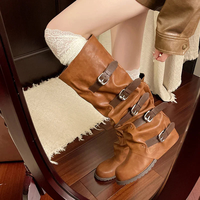 Knee-high Boots Shoes Woman Knight Boots Woman Buckle Chelsea Long Botas Pu Leather Motorcycle Shoes