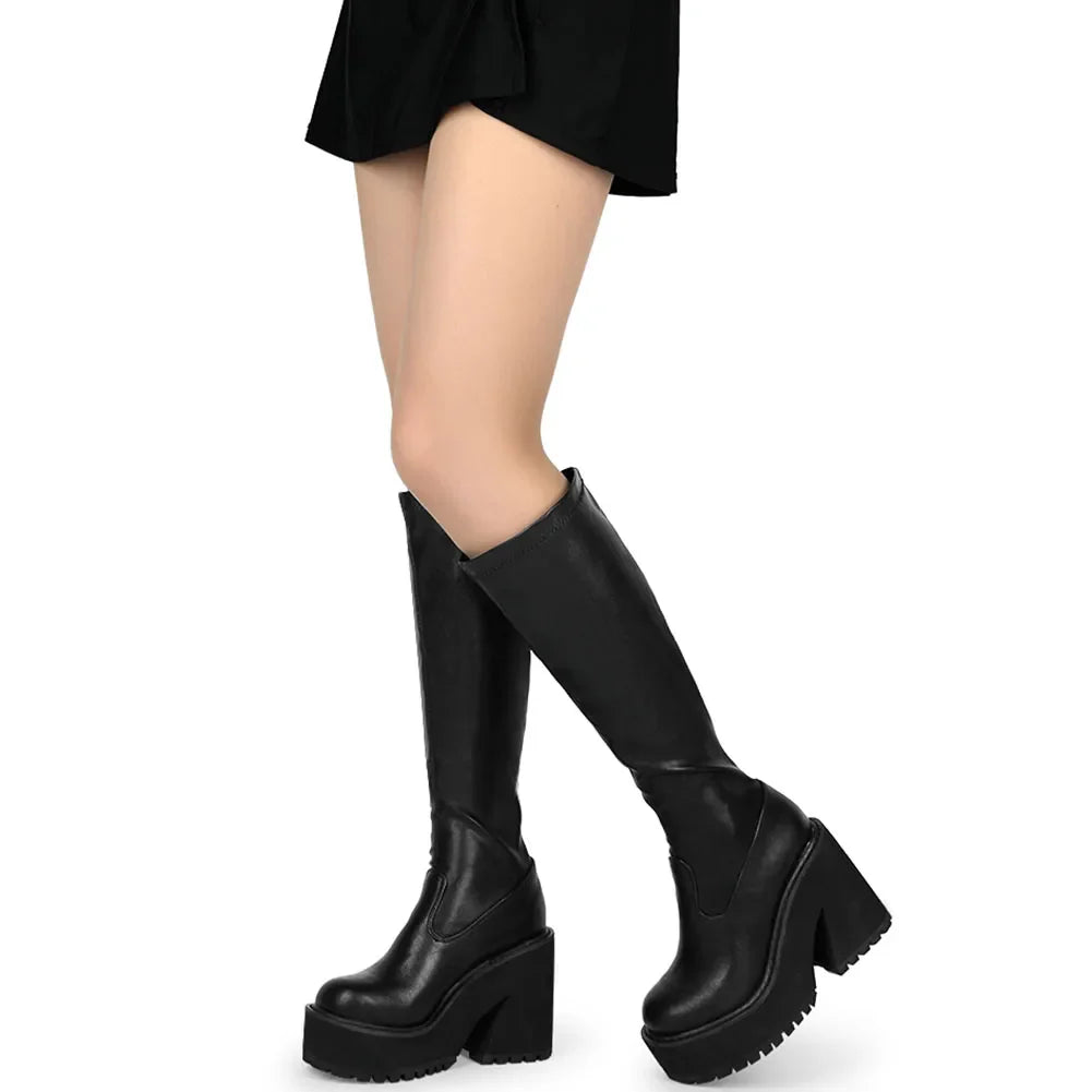 Platform Chunky High Heeled Knee High Boots Cool Round Toe Cute Sweet Heeled Boots Gothic Uniform