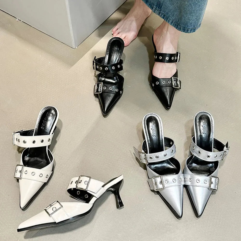 Pumps Belt Buckle Pointed Toe Black High Heel Mule Slides Half Slipper