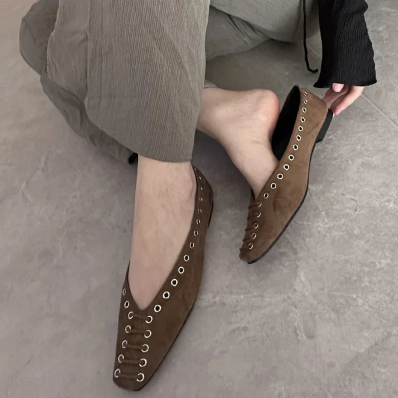 High Quality Faux Suede Flat Mary Jane Shoes Rivets Lace Up Brand Shoes Comfortable Soft Sole Office Shoe