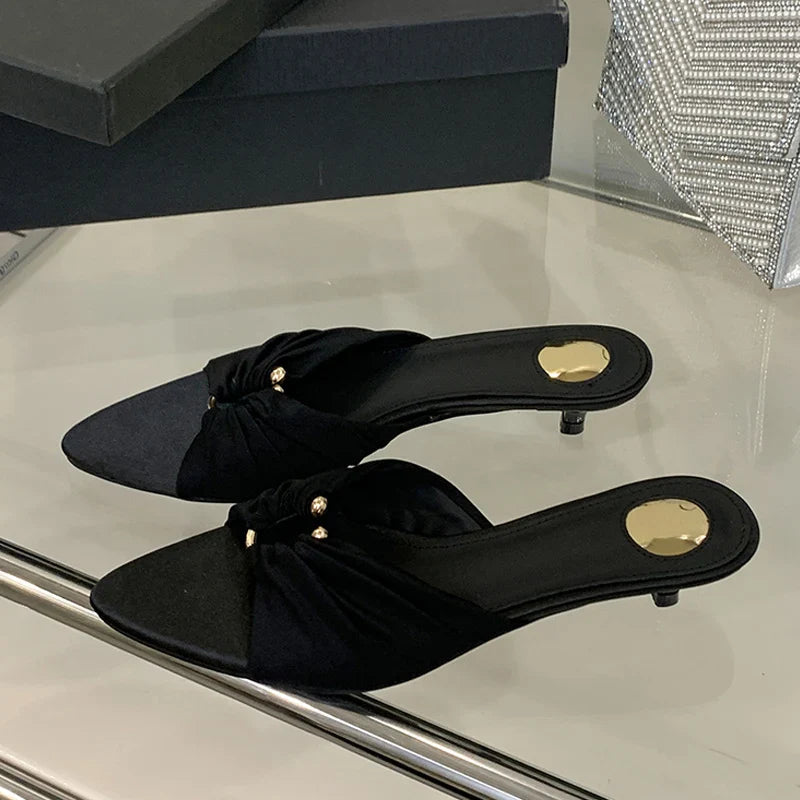 Pleated Silk Hollow Out Metal Buckle Slippers Sandal Pointed Toe Low Thin Heels Beach Party
