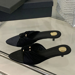 Pleated Silk Hollow Out Metal Buckle Slippers Sandal Pointed Toe Low Thin Heels Beach Party